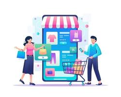 concepto de compras móviles. un hombre y una mujer compran cosas en la tienda en línea a través de un gran teléfono inteligente. Comercio electrónico y compras en línea. ilustración vectorial en estilo plano vector