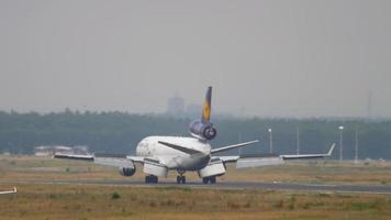 FRANKFURT AM MAIN, GERMANY JULY 20, 2017 - Lufthansa cargo MD 11 D ALCH Cargo Human Care livery braking after landing. Fraport, Frankfurt, Germany video