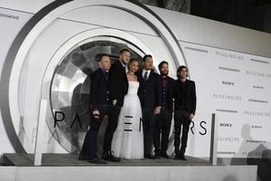 LOS ANGELES, DEC 14 - Imagine Dragons, Ben McKee, Dan Reynolds, Jennifer Lawrence, Chris Pratt, Daniel Platzman, Daniel Wayne Sermon at the Passengers Premiere at Village Theater on December 14, 2016 in Westwood, CA photo