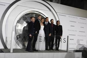 LOS ANGELES, DEC 14 - Imagine Dragons, Ben McKee, Dan Reynolds, Jennifer Lawrence, Chris Pratt, Daniel Platzman, Daniel Wayne Sermon at the Passengers Premiere at Village Theater on December 14, 2016 in Westwood, CA photo