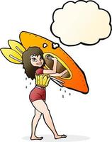 cartoon woman carrying canoe with thought bubble vector