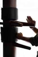 Silhouette of a fighter Wing Chun and wooden dummy on a background. Wing Chun Kung Fu Self defense photo