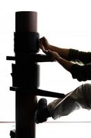 Silhouette of a fighter Wing Chun and wooden dummy on a background. Wing Chun Kung Fu Self defense photo