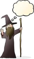 cartoon old wizard with thought bubble vector