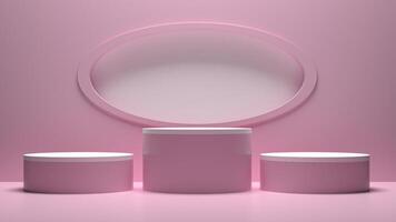 Three white pedestal stands on a pink background photo