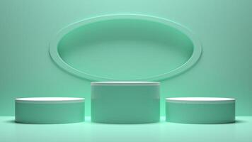 Three empty white pedestal on a green background photo