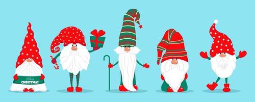 conjunto de gnomos navideños. personajes vectoriales en estilo plano. conjunto de gnomos navideños con regalos dulces ilustración vector