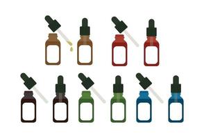 Oil or serum mockup in closed colorful bottles and in an open bottle with a pipette and a drop of liquid isolated vector illustration. Serum bottle with dispenser. Medical, cosmetic, vaping oil.