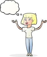 cartoon woman holding up hands with thought bubble vector