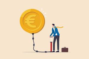 inflación en europa provocada por la escasez de energía, la política de tipos de interés para reducir la inflación, la recesión del euro o el concepto de devaluación del dinero, los empresarios inflan la bomba de aire en una moneda de euro flotante. vector