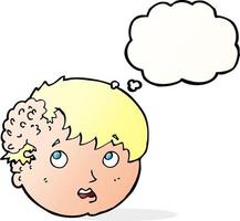 cartoon boy with ugly growth on head with thought bubble vector
