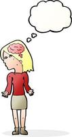 cartoon clever woman shrugging shoulders with thought bubble vector