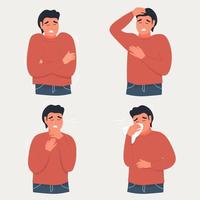 A set of sick people. Men have colds, runny nose, cough, poor health, sore throat. Vector graphics.
