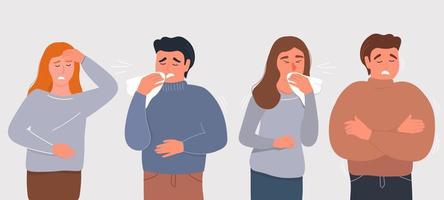 A set of sick people. Men and women have colds, runny nose, cough, poor health, sore throat. Vector graphics.