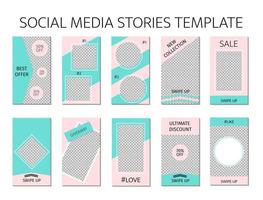 Social media stories template. Set of 10 story layout for bloggers and SMM. Mint green and pink pastel color palette. Editable web banners for mobile application. vector