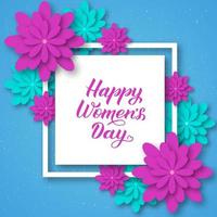 Happy Womens Day calligraphy lettering with origami flowers. Paper cut style vector illustration. Floral international womens day  banner, poster, party invitations, greeting cards, e