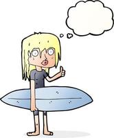 cartoon surfer girl with thought bubble vector