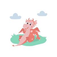 Red cartoon dragon sitting on grass. Cute character in flat style. Vector illustration on white background.