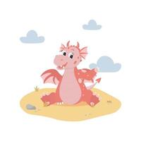 dragón rojo de dibujos animados sentado en la arena. lindo personaje en estilo plano. ilustración vectorial sobre fondo blanco con nubes. vector