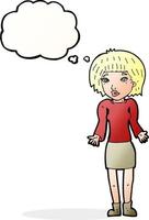 cartoon woman shrugging shoulders with thought bubble vector