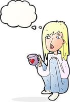 mujer de dibujos animados sentada con una taza de café con burbuja de pensamiento vector