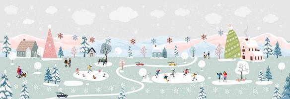 Winter wonderland landscape background at night with people celebration and kids having fun at park in village.Vector illustration Cute cartoon for greeting card  or banner for Christmas or New Year vector