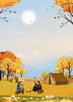 Family enjoying vacation camping at countryside in Autumn,Group of People sitting near the tent and campfire having fun talking together, Vector Rural landscape in fall forest tree with sunset sky