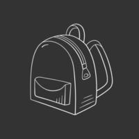 Backpack school in doodle style, vector illustration. Back to school concept, hand drawn icon for print and design. Isolated element on chalkboard background. Rucksack symbol for study and fashion