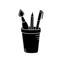 Pencil and brush silhouette in cup in simple style, vector illustration. Sketch of school tools, hand drawn icon. Isolated element on a white background. Office stationery for work and study for print