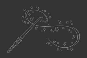 Magic wand in doodle style, vector illustration. Shiny stick icon for print and design, hand drawn. Isolated elements on a chalk board background. Magician cast spell, fairy stars and sparkles