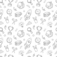 School seamless pattern in doodle style, vector illustration. Back to school concept, stationery symbols on white background. Pattern hand drawn for print and design online education