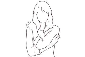 young girl hugging her self hand drawn style vector illustration