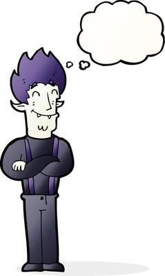cartoon happy vampire man with thought bubble