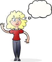 mujer preocupada de dibujos animados saludando con burbujas de pensamiento vector