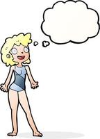 caricatura, mujer, en, traje de baño, con, burbuja del pensamiento vector