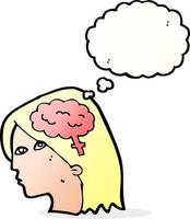 caricatura, cabeza femenina, con, cerebro, símbolo, con, pensamiento, burbuja vector