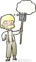 cartoon farmer with pitchfork with thought bubble vector