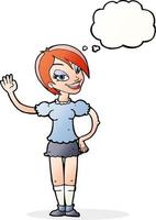 cartoon waving woman with thought bubble vector