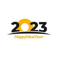 Happy New Year 2023 text with Sun design concept. Cover of business diary for 2023 with wishes. Brochure design template, card, banner. Vector illustration. Isolated on white background.