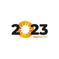 Happy New Year 2023 text with Sun design concept. Cover of business diary for 2023 with wishes. Brochure design template, card, banner. Vector illustration. Isolated on white background.