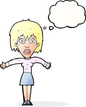 caricatura, sorprendido, mujer, con, burbuja del pensamiento vector