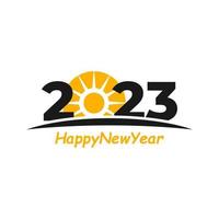 Happy New Year 2023 text with Sun design concept. Cover of business diary for 2023 with wishes. Brochure design template, card, banner. Vector illustration. Isolated on white background.