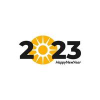 Happy New Year 2023 text with Sun design concept. Cover of business diary for 2023 with wishes. Brochure design template, card, banner. Vector illustration. Isolated on white background.