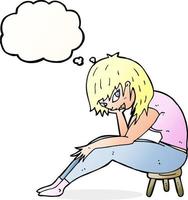 cartoon woman sitting on small stool with thought bubble vector