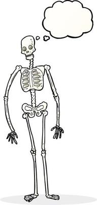 cartoon spooky skeleton with thought bubble