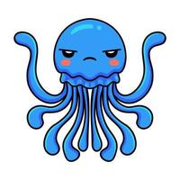 lindo, enojado, azul, medusa, caricatura vector