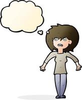 cartoon woman shrugging shoulders with thought bubble vector