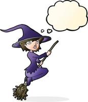 cartoon witch riding broomstick with thought bubble vector