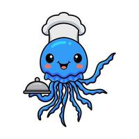 lindo chef azul caricatura de medusas que sirve comida en un plato de astillas vector