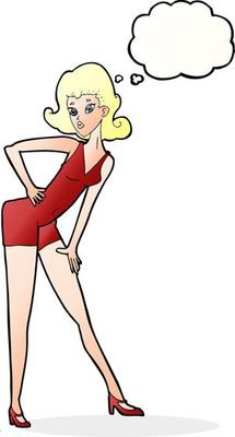 cartoon model woman posing with thought bubble